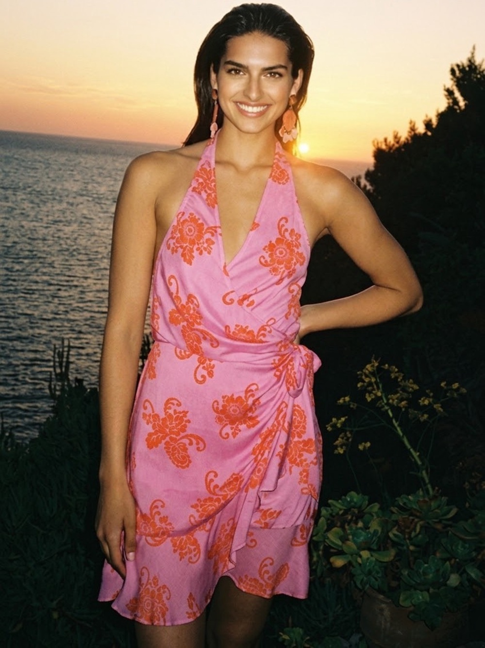 Anthropologie Pink Floral Halter Wrap Dress